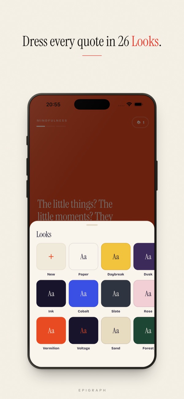 The Looks picker with 26 named color themes such as Paper, Daybreak, Dusk, Ink, Cobalt and Vermilion.