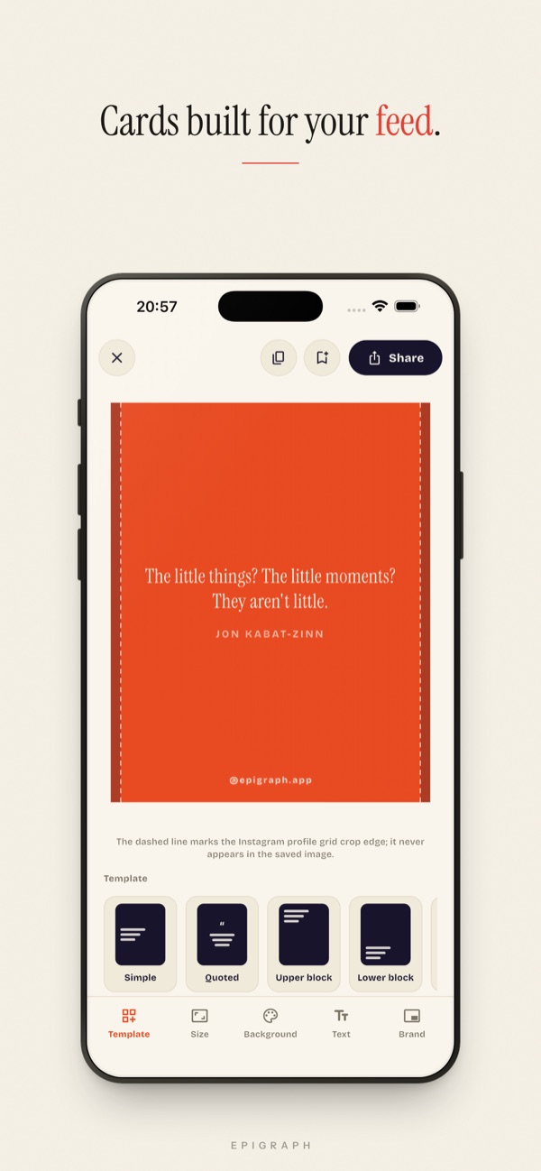 The share studio building an Instagram card, showing the Instagram grid crop guide and Simple, Quoted, Upper block and Lower block templates.