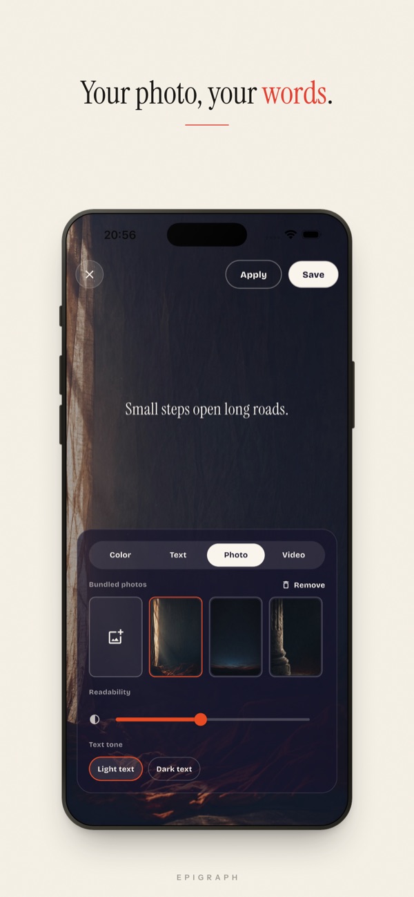 The custom Look editor with a photo backdrop, Color, Text, Photo and Video tabs, a readability slider and light or dark text options.