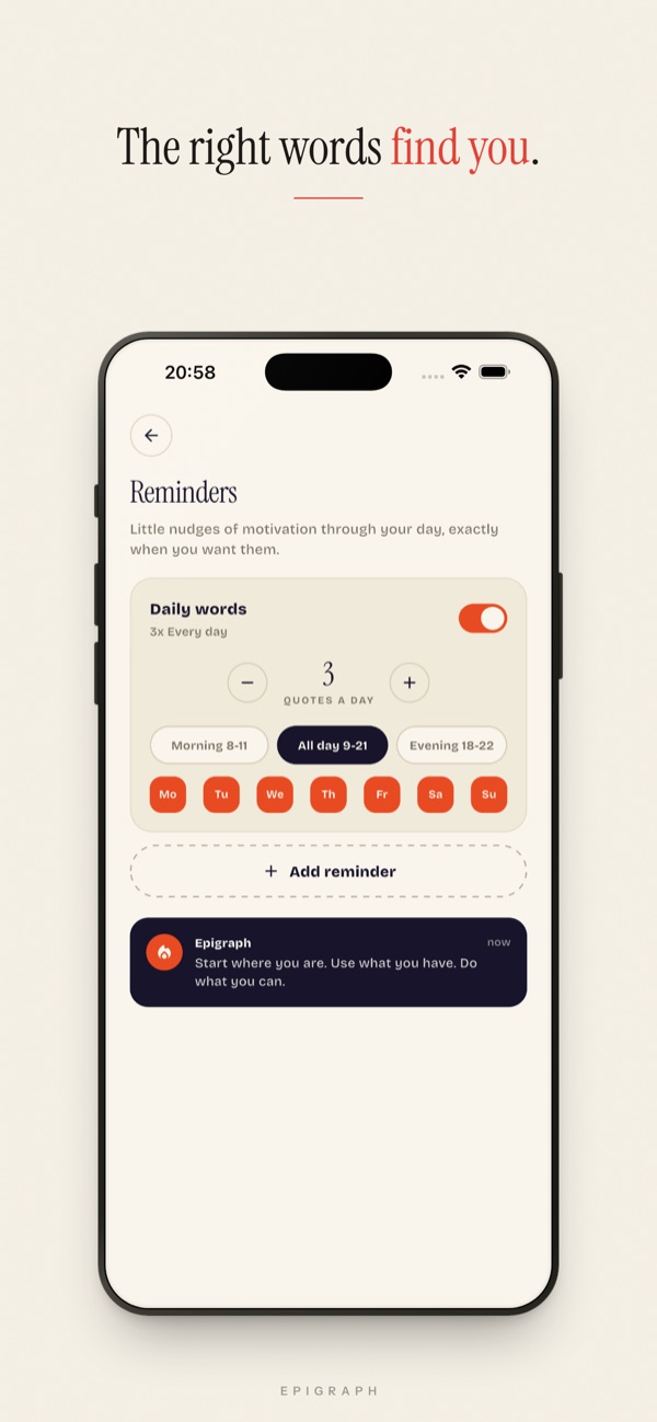 The reminders screen with daily words set three times a day, morning, all-day and evening windows, and day-of-week toggles.