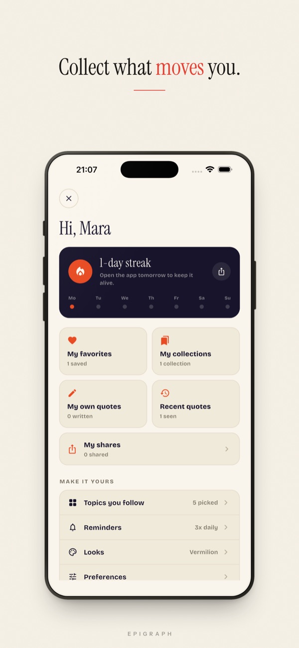 The profile screen with a daily streak, favorites, collections, your own quotes, recent quotes and shares.