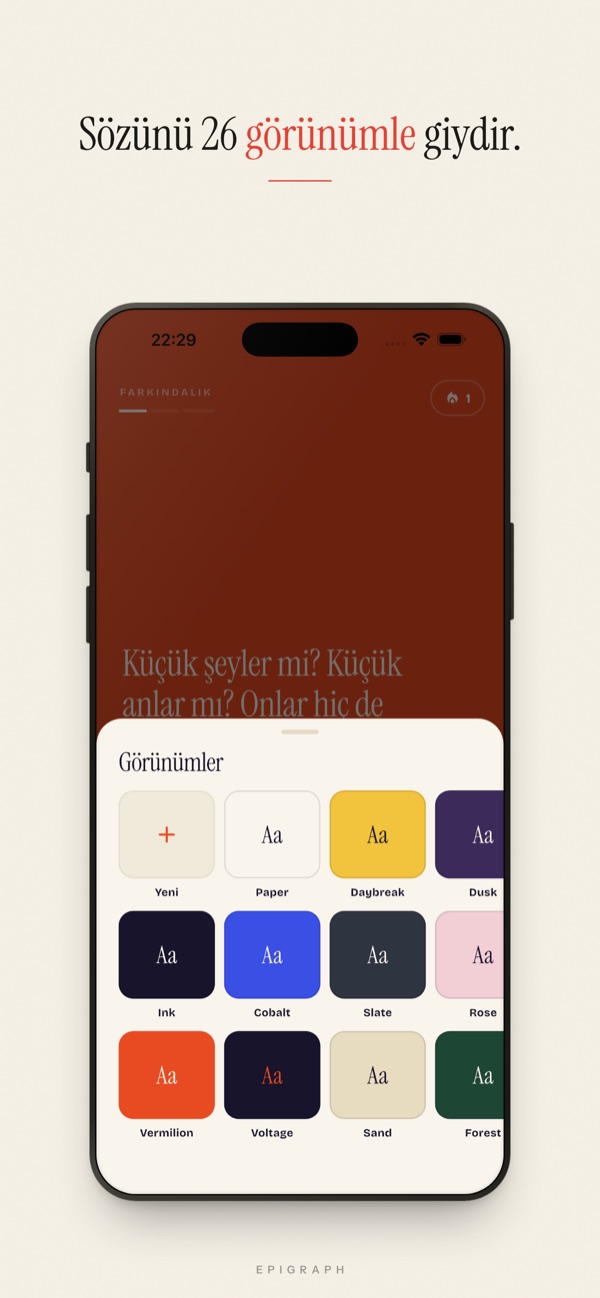 Paper, Daybreak, Dusk, Ink, Cobalt ve Vermilion gibi 26 adlandırılmış renk temasıyla Görünüm seçici.
