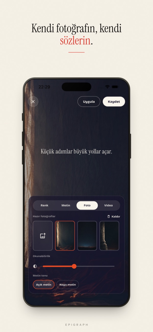 Fotoğraf arka planlı özel Görünüm editörü; Renk, Metin, Fotoğraf ve Video sekmeleri, okunabilirlik kaydırıcısı ve açık ya da koyu metin seçenekleriyle.